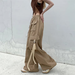 Cotton High Street Cargo Pants for Women Men with Ribbon High Waist Wide