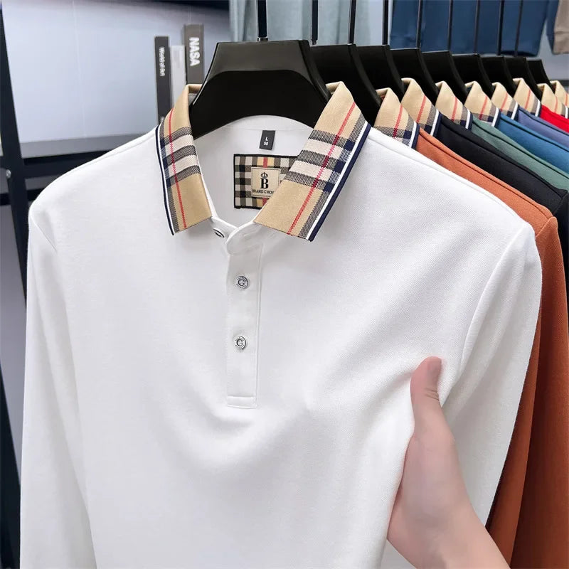 Men's Plaid Long Sleeve Polo Shirt Autumn Winter Casual Office Outdoor Fashion Top Commercial Collar Trendy Men's Clothing