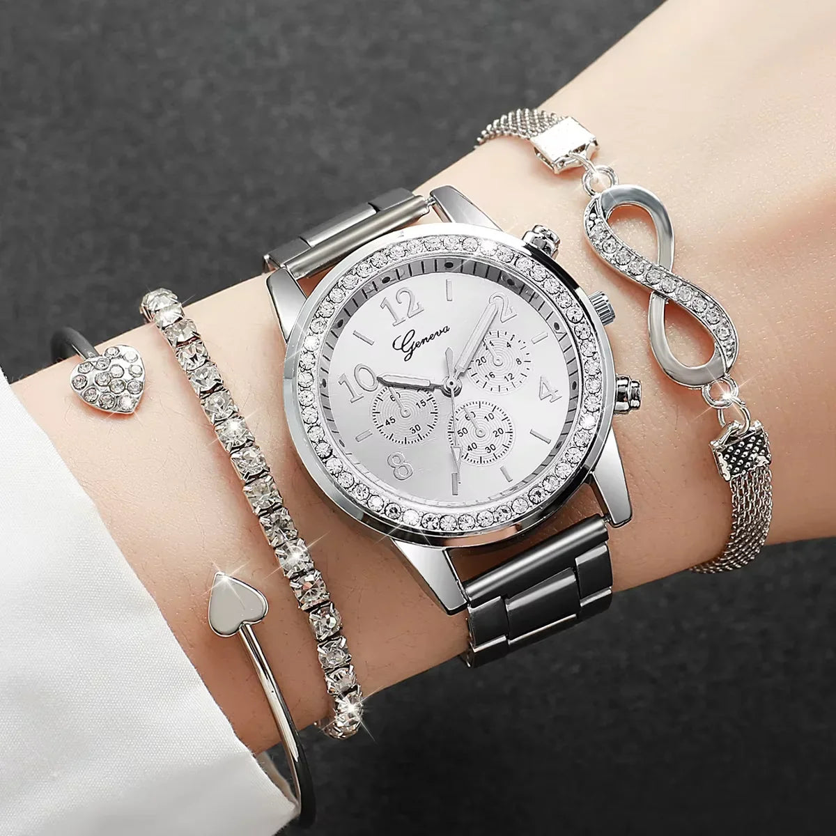 4PCS/Set Women's Watch Fashion Rhinestone Arabic Dial Steel Band Quartz Watches Bracelets Set（Without Box）