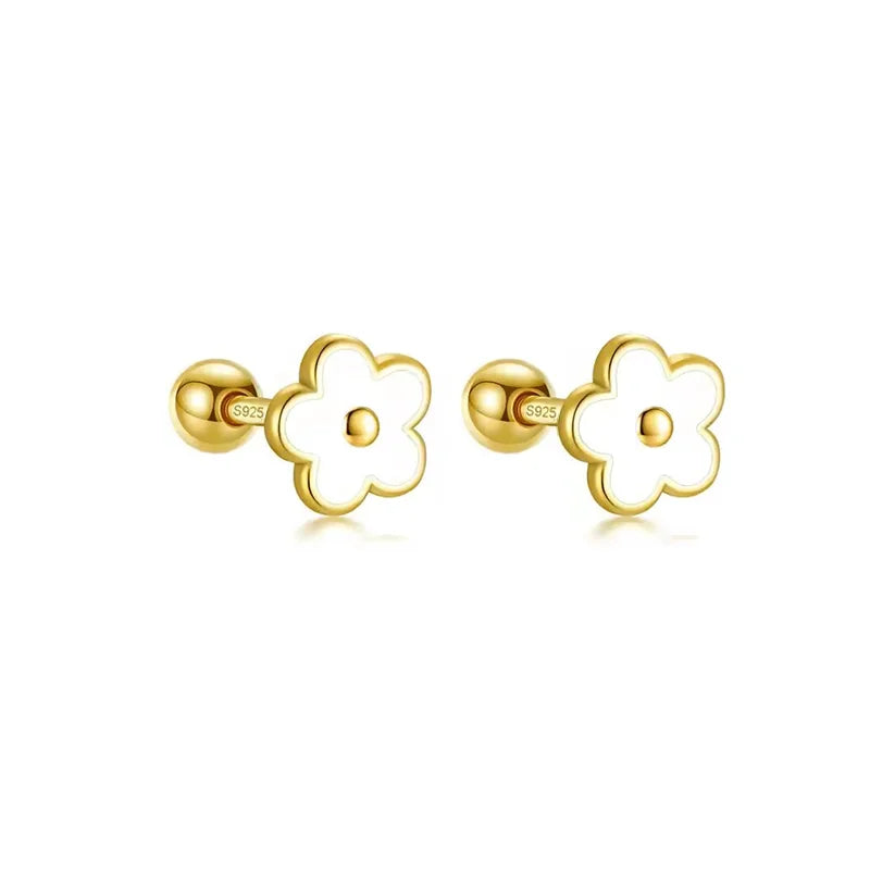 WANTME 925 Sterling Silver Romantic White Enamel Flower Screw Bead Stud Earrings for Women Fashion Simple Piercing Jewelry Gift