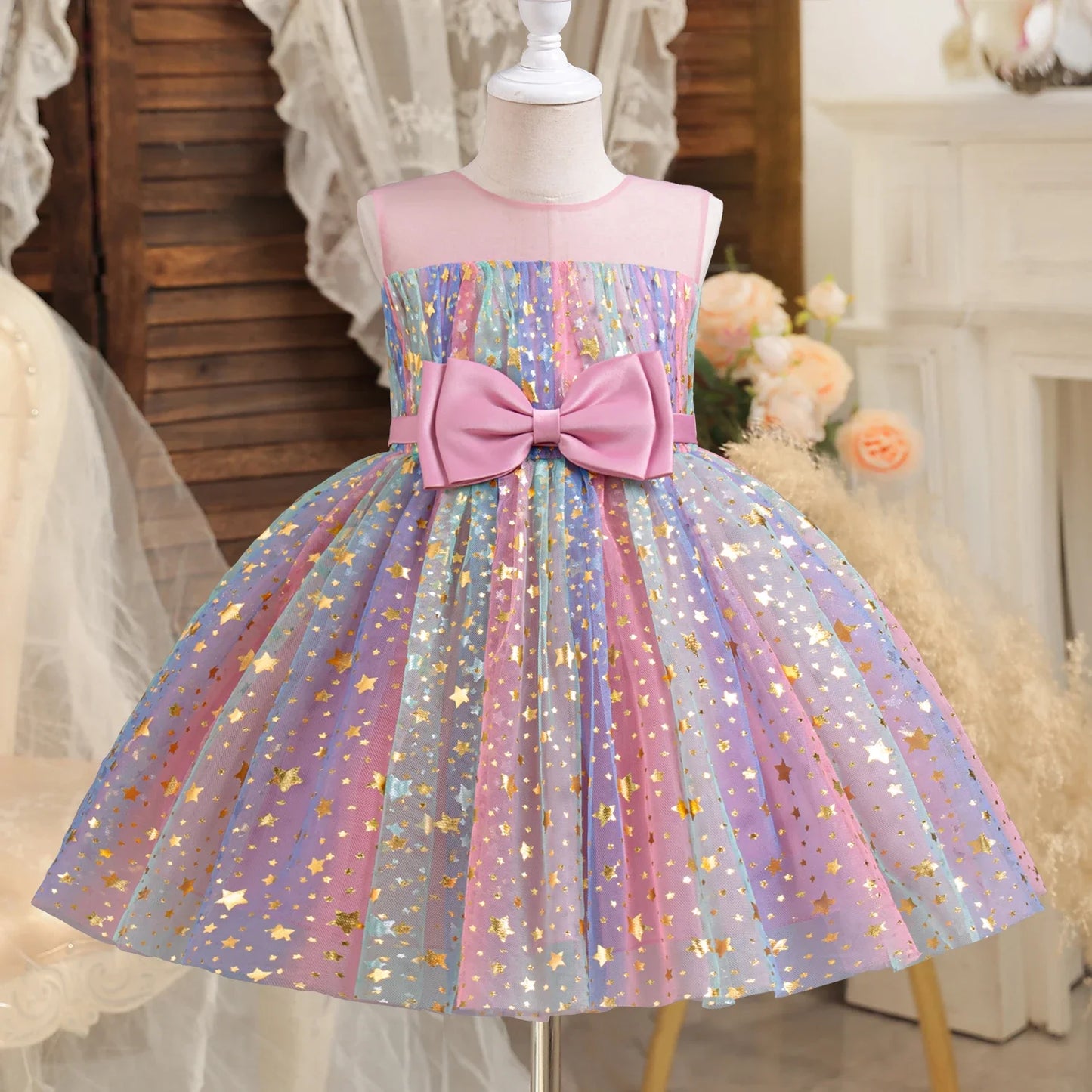 Girls Christmas Dress Princess Rainbow Sequin Wedding Birthday Party Gown