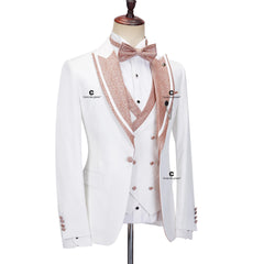 Cenne Des Graoom Elegant Suits for Men White Tuxedo Jacket Vest Pants with Bowtie