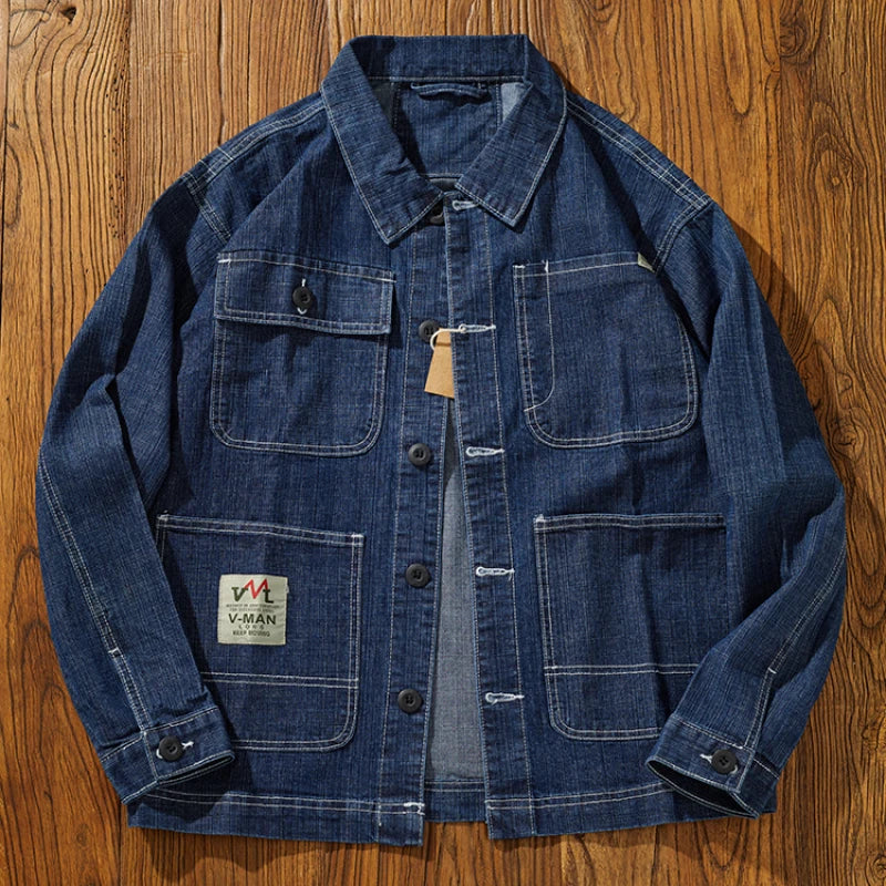 Autumn Retro Cargo Denim Jacket Men's Clothes Casual Jeans Coat