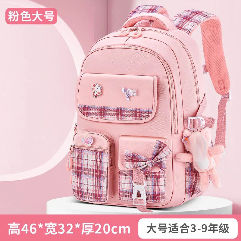 Protecting The Spine Ergonomics Elementary School Students Girls Checkered Backpack Large Capacity Lightweight Waterproof