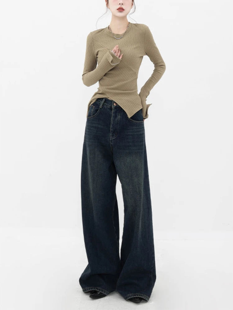 Y2K High Waist Retro Blue Dark Straight Jeans Female Original Korean