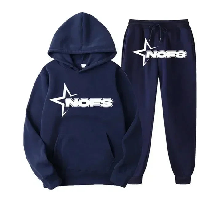 Streetwear NOFS Star Print Tracksuit Black Hoodie and Joggers Set for Men Women