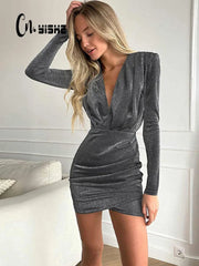 Elegant Long Sleeve V Neck Shoulder Pads Bodycon Ruched Dress