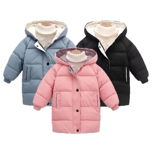 4-10 Years Boys Long Down Jackets Winter Kids Girls Thick Warm Hooded Outerwear