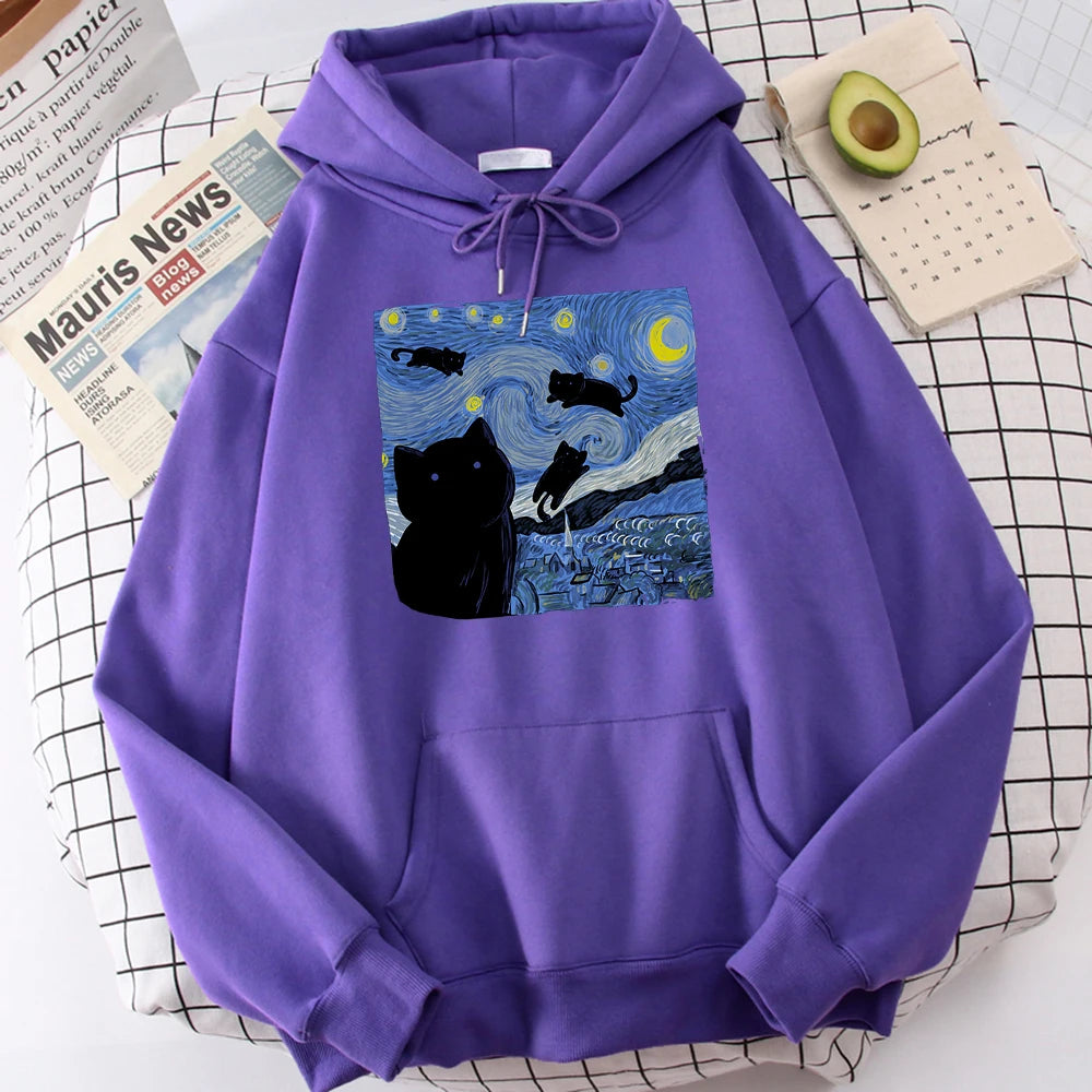 The Starry Cat Night Printing Hoodies Men Autumn Oversize Hoodie Fashion Fleece
