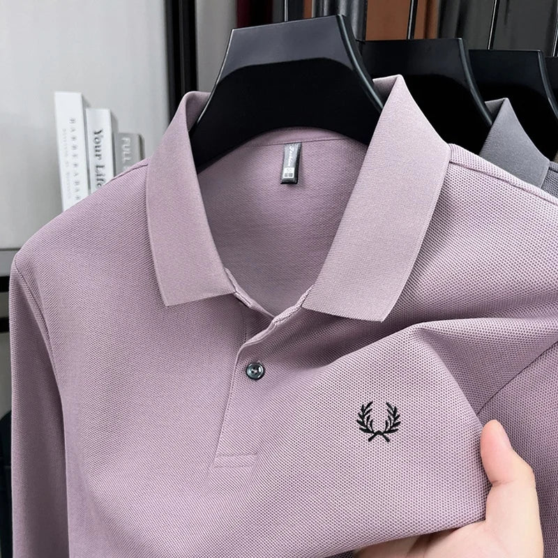 100% pure cotton high-end brand men's long sleeved polo shirt autumn fashion hot selling wheat embroidery golf business T-shirt