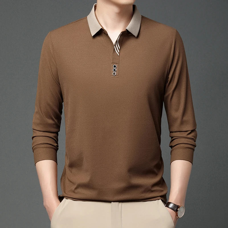 New Men's Business Casual Long Sleeved Shirt Solid Color Polo Shirt Fashionable Breathable Comfortable Versatile Top