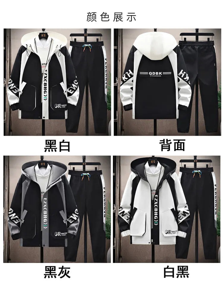 Spring Autumn Casual Men Sets Jacket + Pants Two Pieces Fashion Korean Trend Hooded Baseball Uniform Suit Man Outfit