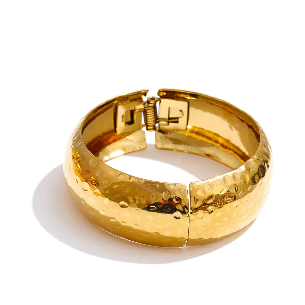 Yhpup 66mm Old Money Style Stainless Steel Hammer Metal Statement Bracelets Bangle Waterproof Vintage Minimalist Jewelry New