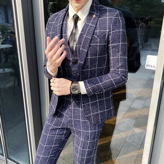 Men's Leisure Boutique Business Plaid Slim Suit 3 Pcs Set / Male Linen Striped Dress Blazers Jacket Pants Vest