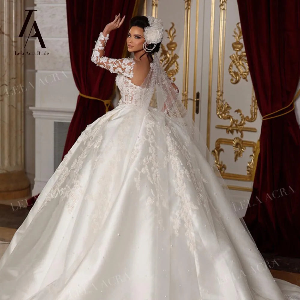 White Bridesmaid Dresses: Ball Gown Wedding Dress Long Sleeve Satin Court Train