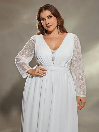 Mgiacy plus size  Deep V shoulder lace long sleeve chest pleated chiffon wedding dress A full skirt Evening gown Ball dress