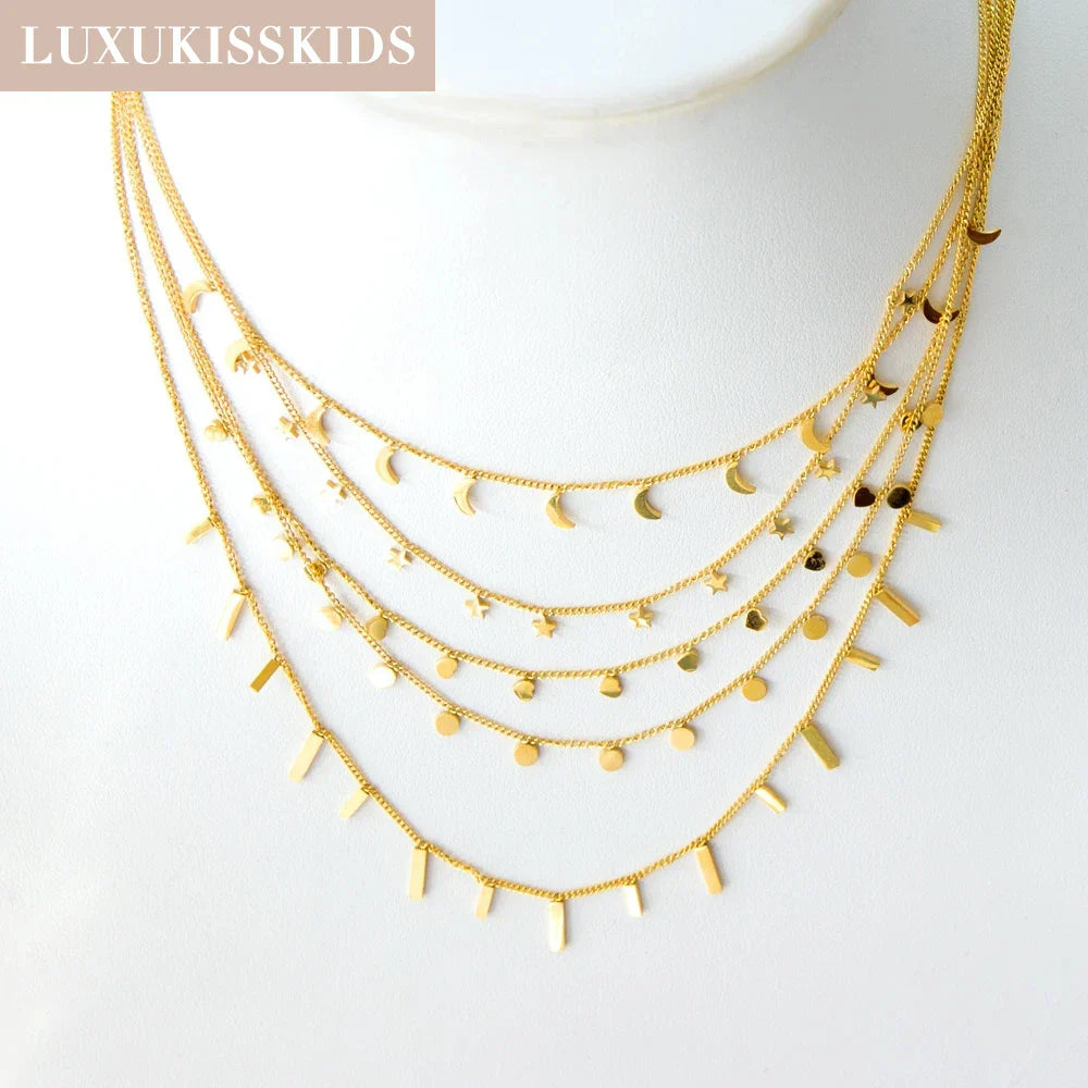 LUXUKISSKIDS Woman Collier бижутерия Golden Chains Necklaces Bohemia Star Heart Elegant Stainless Steel Jewelry Trendy