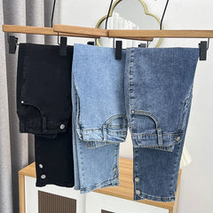 Plus Size Boyfriend Black Drainpipe Jeans For Women HIGH Waist Button Pants