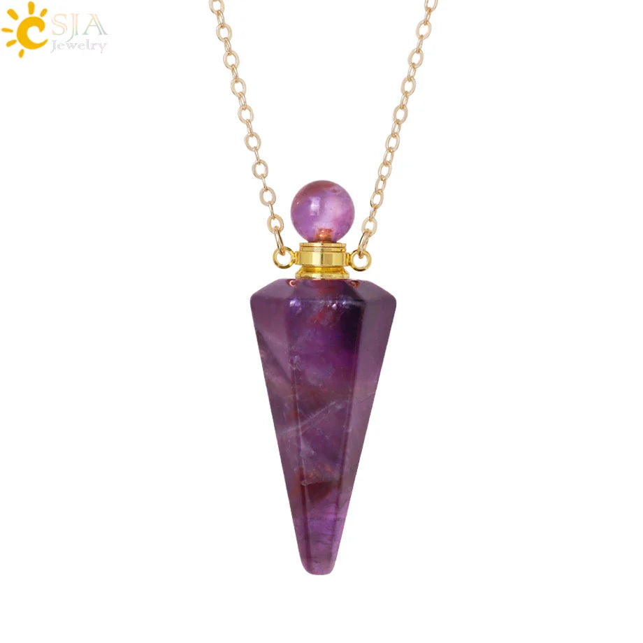 Natural Stone Cone Perfume Bottle necklace Healing Clear Quartz Crystal Pendant Reiki Essentials Oil Diffuser Vial Necklace H119