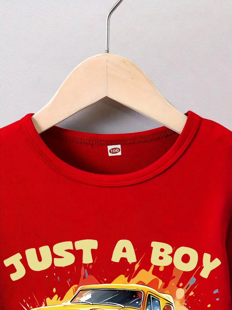 Two-Piece Boy Fashion Short Sleeve Suit, Red Car Print Top With Black Car Print Pants, Casual Trend