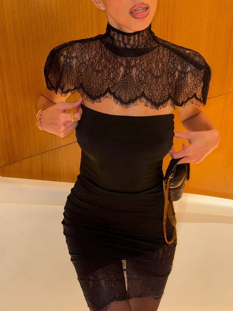 CNYISHE Strapless Solid Lace Patchwork Women Dresses Sheath Sexy Club Hip Wrap Bodycon Vestidos Female Outfits Party Chic