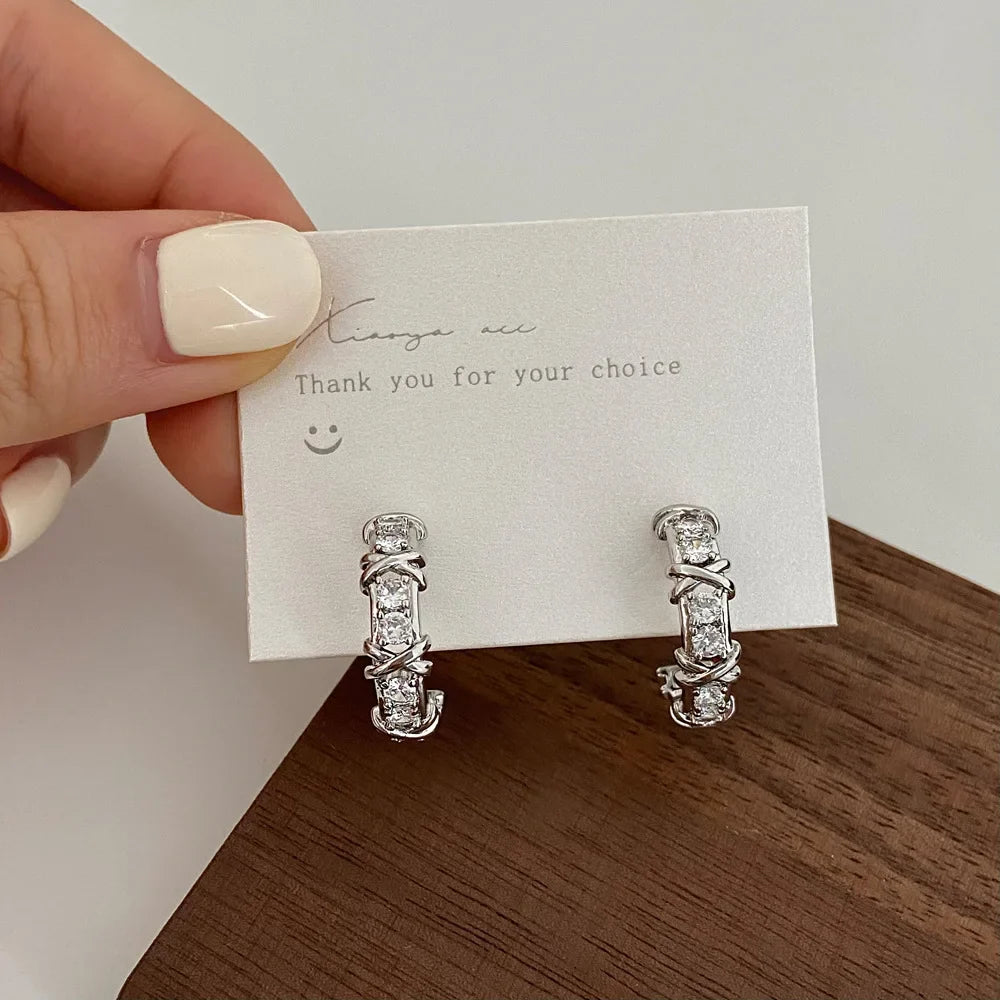 Vintage CC Design Stud Earrings for Women Korean Fashion X Cross Zircon Earring Engagement Jewelry Gifts Wholesale