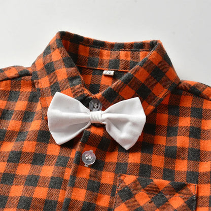 Children's Plaid Shirt and strap pants set for Boys with Bow Tie baby boy clothes 0 to 3Y Autumn Boys Clothes 70-130cm