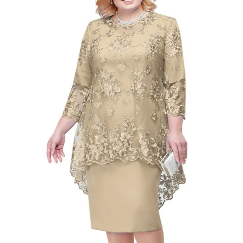 Plus Size 5XL Lace O-neck High Waist Midi Dress Elegant Lace Embroidery 3/4 Sleeve Lady Evening Dress Female Clothing Vestido
