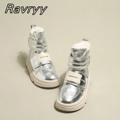 Glossy Silver Short Plush Velvet Snow Boots Wild Platform Winter Boots Round Toe