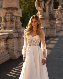 Wedding Dresses A Line Top Lace Long Sleeve Satin Bridal Dress