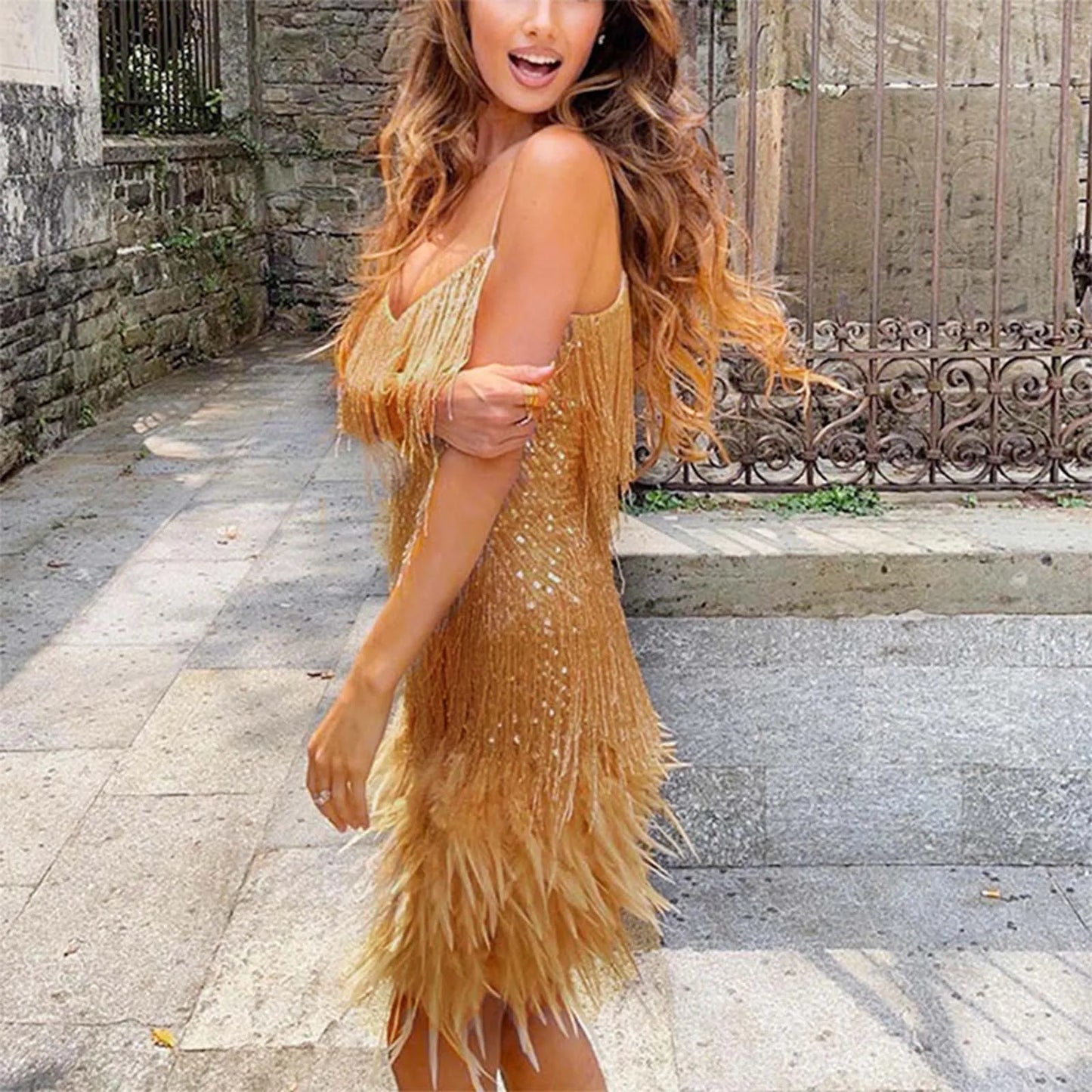 Evening wear Dresses: Mini Dress Sequin Glitter Evening Prom Gown Feather