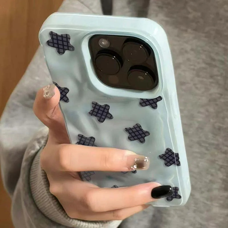 Cartoon Black Checkered Star Pattern Korean Phone Case for IPhone 16 17 Air 15 14 13 12 11 Pro Max Plus Shockproof Soft Cover