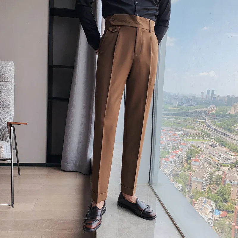 Solid High Waist Trousers Men Formal Pants Slim Fit Business Casual Suit Pants Hommes