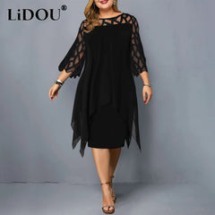 Elegant Lace Mesh Plus Size Dresses Women Hollow Out Oversize Dress Loose Casual