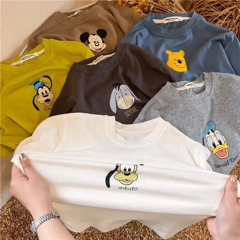Disney T-shirt New Cartoon Print Long Sleeve Tops Mickey T Shirt Solid Color Versatile Base Shirt Boys And Girls Printed Tees