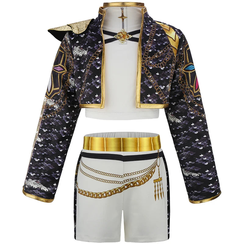 Girls' 3-piece Song Stage Shining Performance Set Halloween Dance Party Cool Girl Korean Casual Clothing Cartoon Pattern Jacket