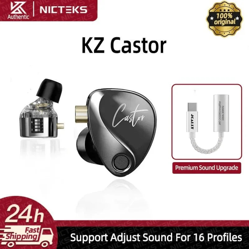 KZ Castor Wired Earbuds Improved Bass HiFi Earphone 2 Dynamic High-end Tunable Balanced Armature In-ear Headphone w/ Accessories