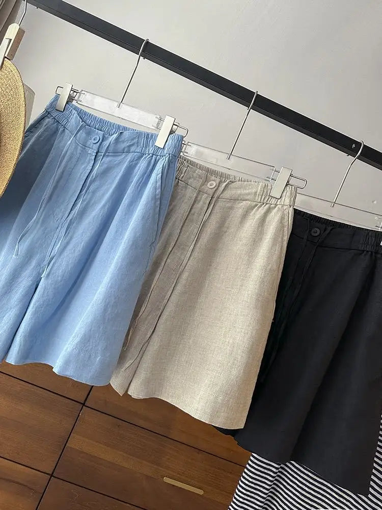 Japanese Simple Solid Color Pure Cotton Linen Casual Versatile Straight Elastic Waist Shorts Women's Middle Pants