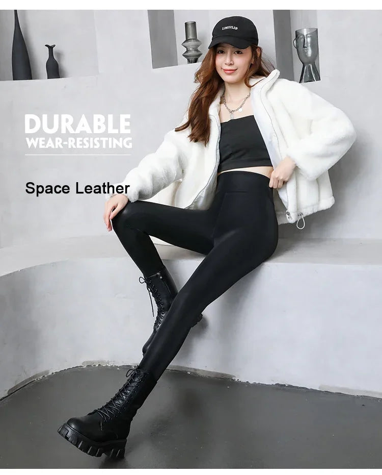Women's Pants Velvet PU Leather Leggings Winter Ladies High Waist Fleece