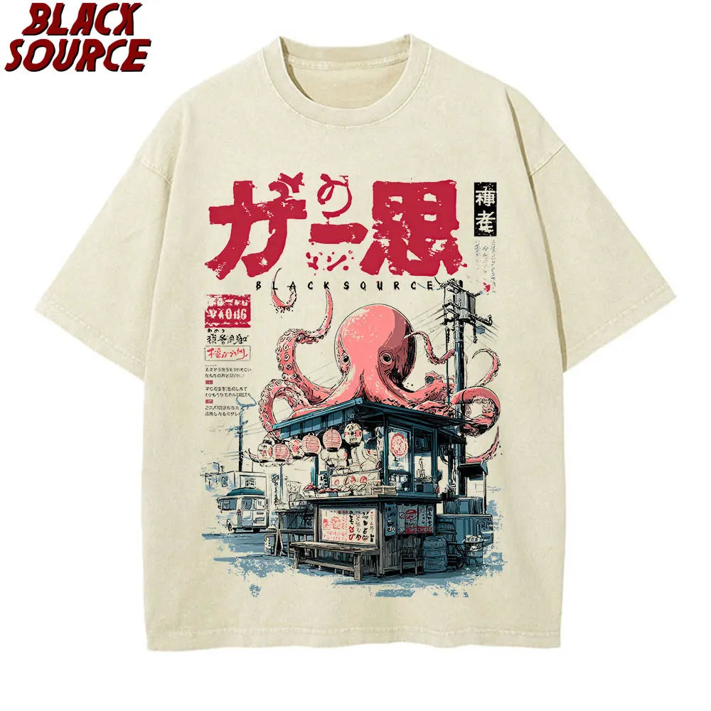 T176 Japanese Takoyaki T-shirt with octopus balls graphic t-shirts for street food lovers Anime Cotton Loose Top oversized
