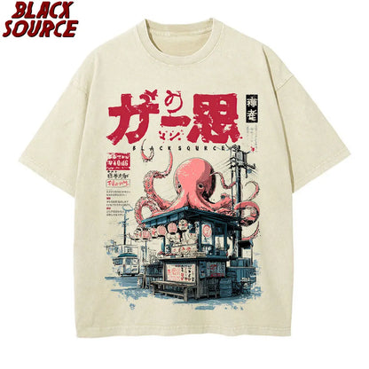 T176 Japanese Takoyaki T-shirt with octopus balls graphic t-shirts for street food lovers Anime Cotton Loose Top oversized