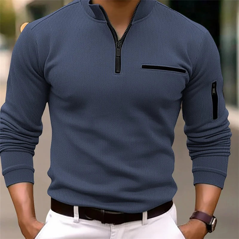 Men's new spring and autumn long-sleeved striped POLO shirt zipper collar retro style sports outdoor leisure light polo shirt
