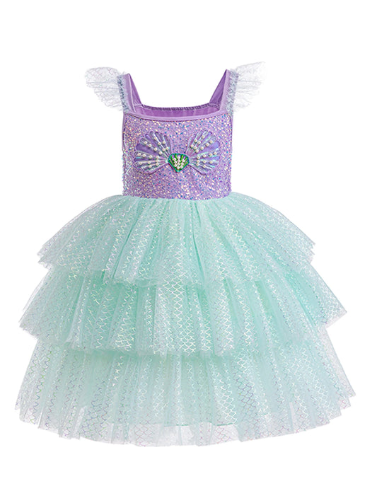 Girls Elegant Rainbow Princess Dress With Bowknot Flutter Trim Mesh Dress Tutu Dress For Party, Performance Tutu Dress