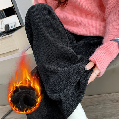 Striped Sweatpants Women Streetwear Thick Wide Leg Pants Straight Fleece-lined