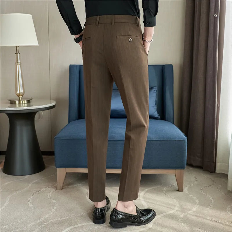 Men Stripe Suit PantsColor-woven Textured Trousers Slim Fit Dress Pants