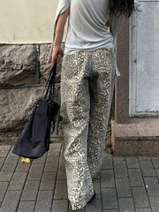 Retro Baggy Leopard Print Women Jeans Y2k American Wide Leg Pants