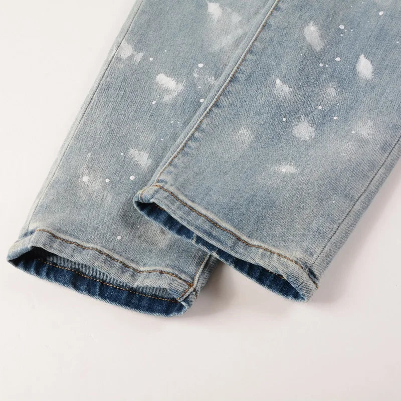 Men Crystal Skinny Stretch Denim Jeans Streetwear Holes Ripped Distressed Pants