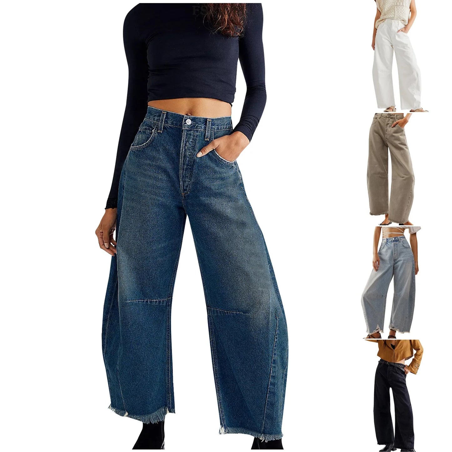 Women Casual Baggy Mid Waist Jeans Wide Leg Loose Boyfriend Denim Pants