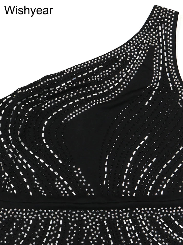 Evening Dresses: Elegant Skew Collar Side High Split Rhinestone Bodycon Long Dress