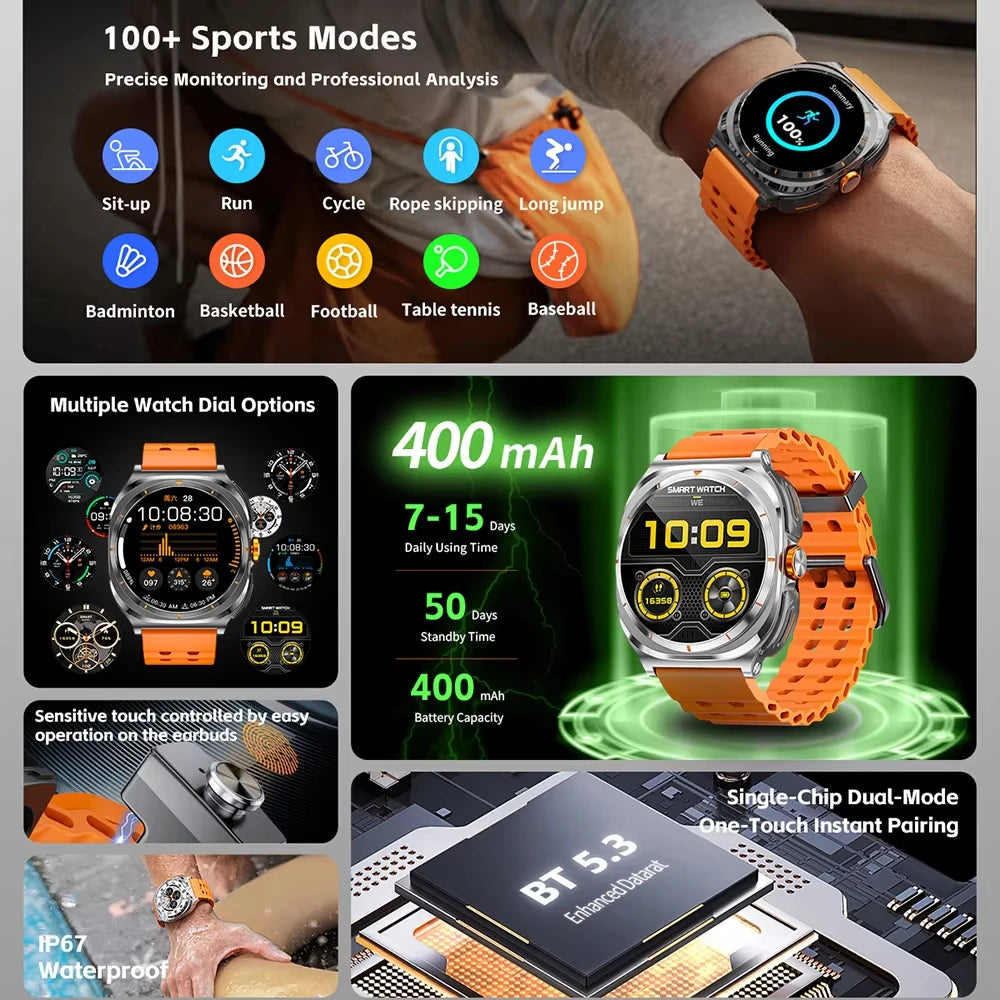 2025 New 6ATM Waterproof Smart Watch Men Outdoor SmartWatch GPS earphone Compass Heart rate LED  Bluetooth Call Sports Gift